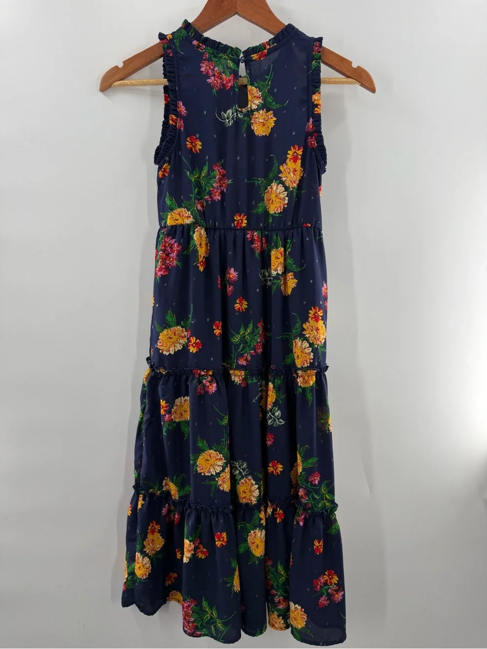 Zunie Girls Navy Floral Tiered Ruffle Trim Boho Maxi Dress Size 10